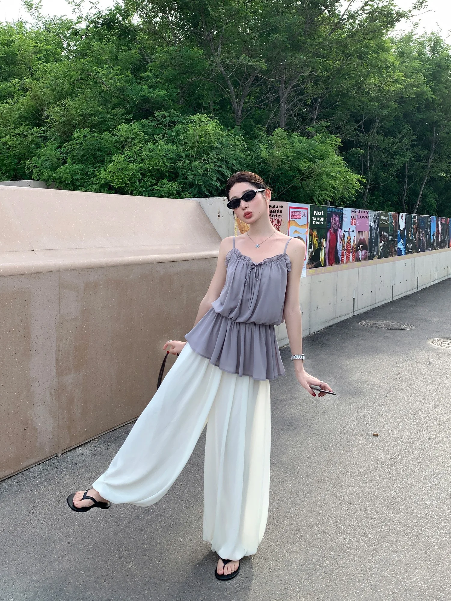 Pusumede Float Dream  Wood Ear Lace Halter Vest Women's Waist Cinching Lazy Atmosphere Sleeveless Top Polyester Fiber