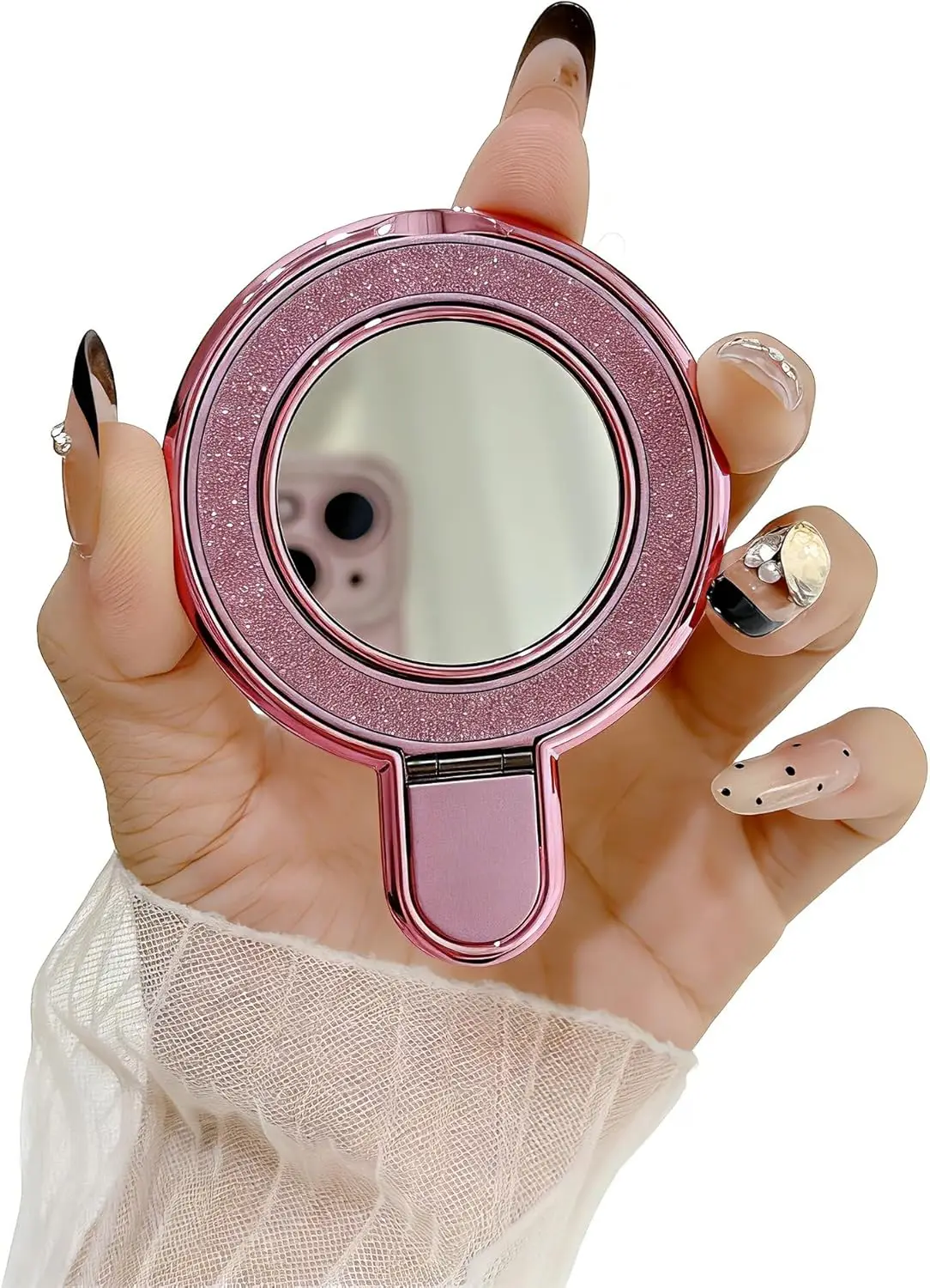 

Finger Ring Stand Grip, Glitter Diamond Plating Ring Kickstand with Mirror for iPhone 17/16/15/14/13 Pro Max, Galaxy S25/ S24/