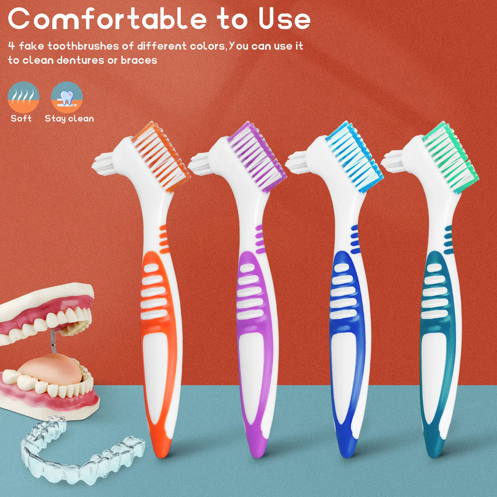 4Pcs Denture Brushes Double Sided Design Soft Bristles for Effective Cleaning Travel Size Toothbrush for Denture Care