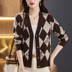 2023 donne Trendy Argyle maglione lavorato a maglia autunno inverno coreano Chic monopetto Cardigan scollo a V manica lunga sciolto top maglione