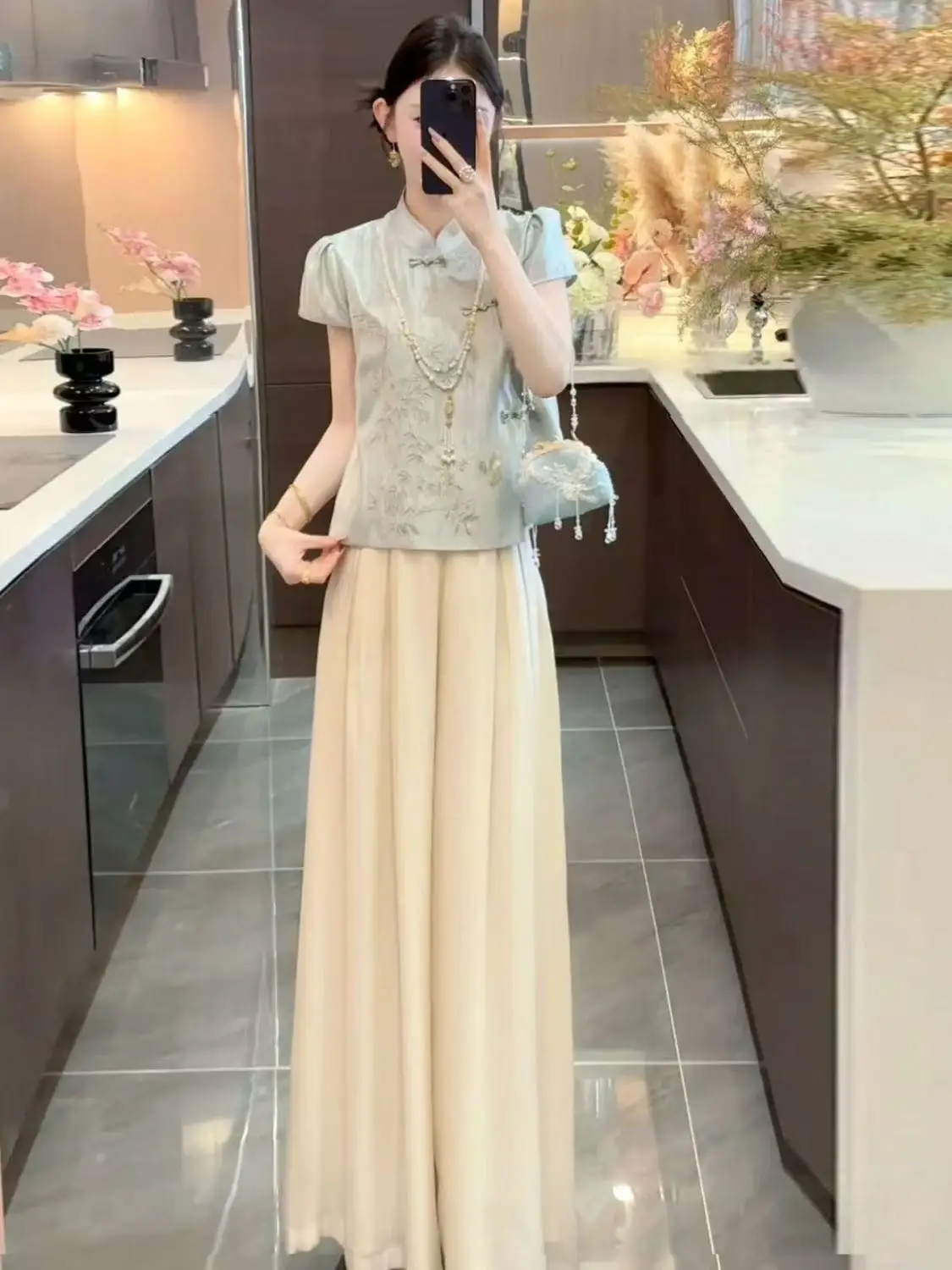 

Fashionable Chinese Style High Waist Wide Leg Pants Top Bottom Set Women's Sleeveless Two-Piece Suit Summer New Arrival