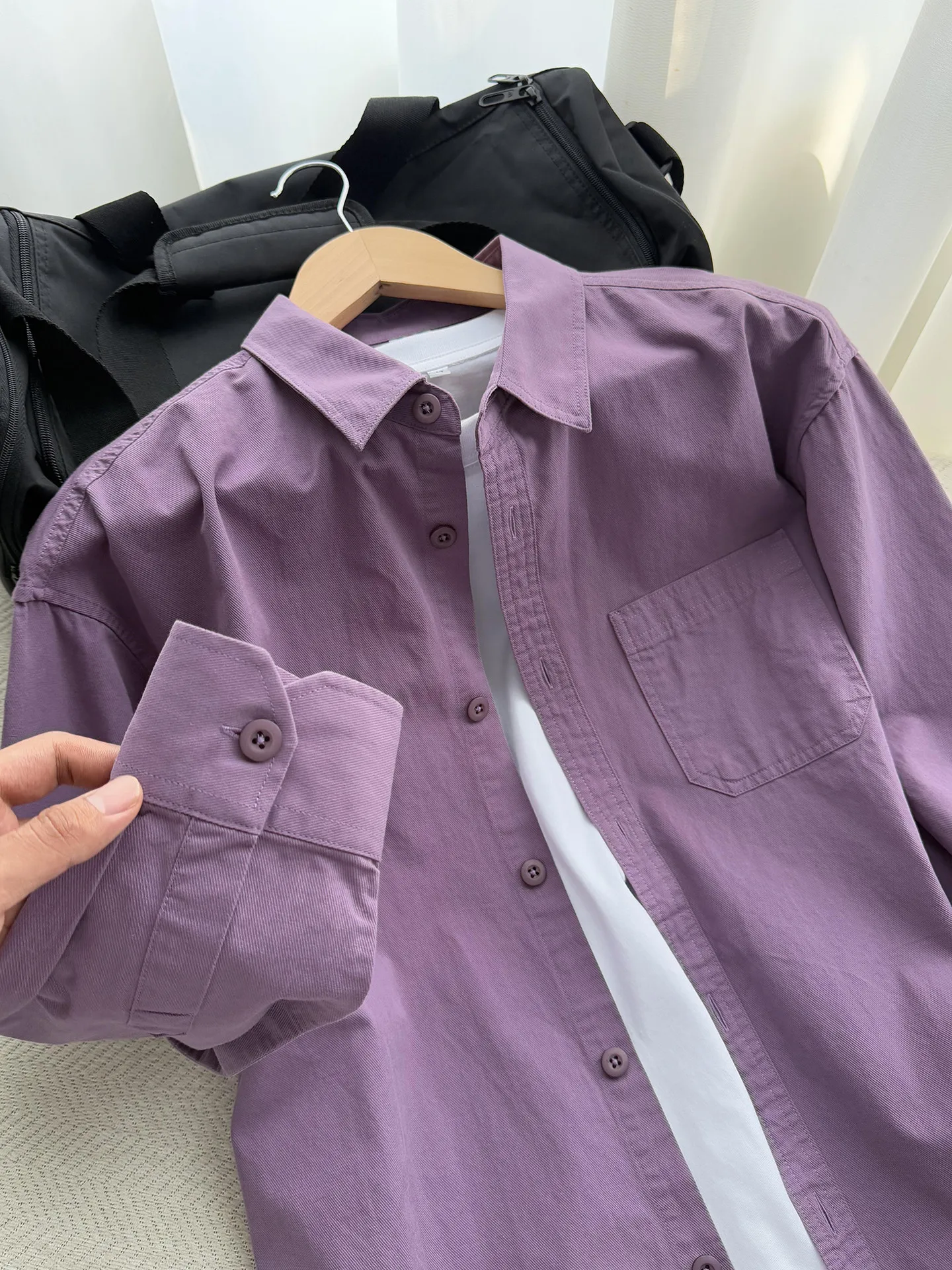 Purple Plum Long Sleeve Men's Shirt Spring Atmosphere Wear Layered Sun Protection Outerwear Casual Loose Fit Button up