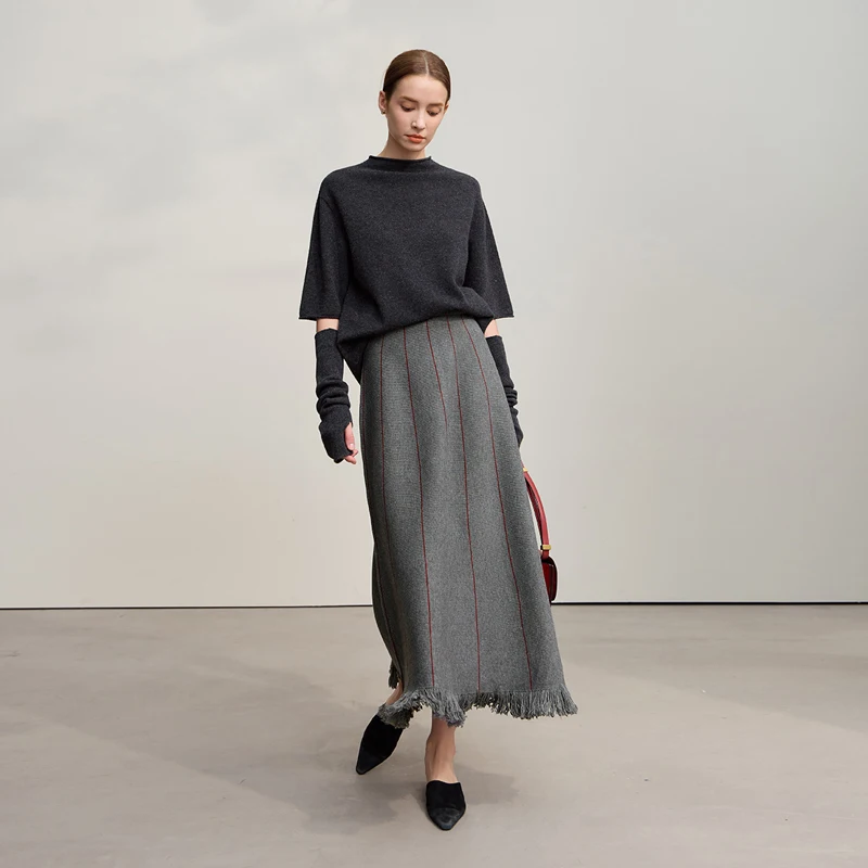 Amii Women's A-Line Knitting Skirt with Stripes and Tassels