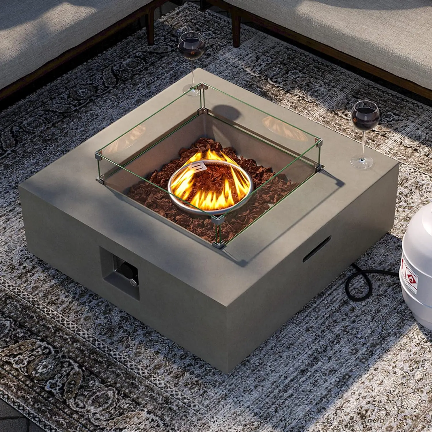 Outdoor Propane Burning Fire Pit, Square Patio Fire Table 50,000 BTU Fire Pit for Outside in Gray w Glass Wind, Customized