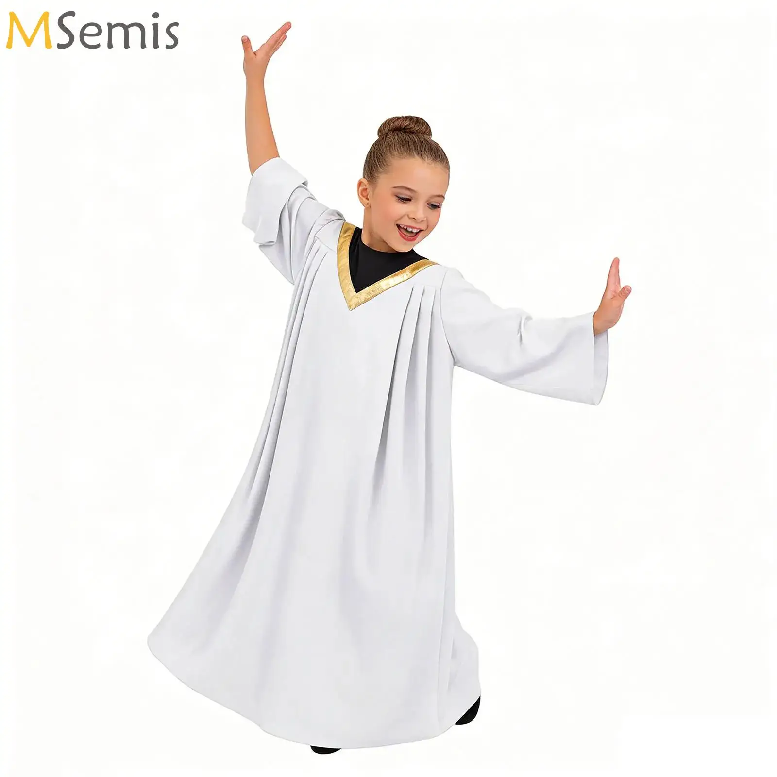 

Kids Praise Dance Dress Boys Girls Church Choir Worship Robe Long Sleeve Metallic Gown Christian Pastor Priest Cosplay Halloween
