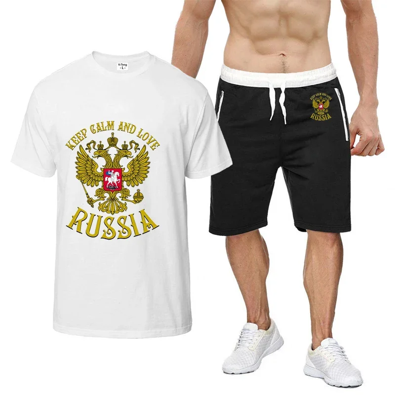 

Russia Badge Gold Eagle Printed Men's Fashion T-shirt Casual Trend Power Summer Cotton Short Sleeve + Shorts Two-piece Set