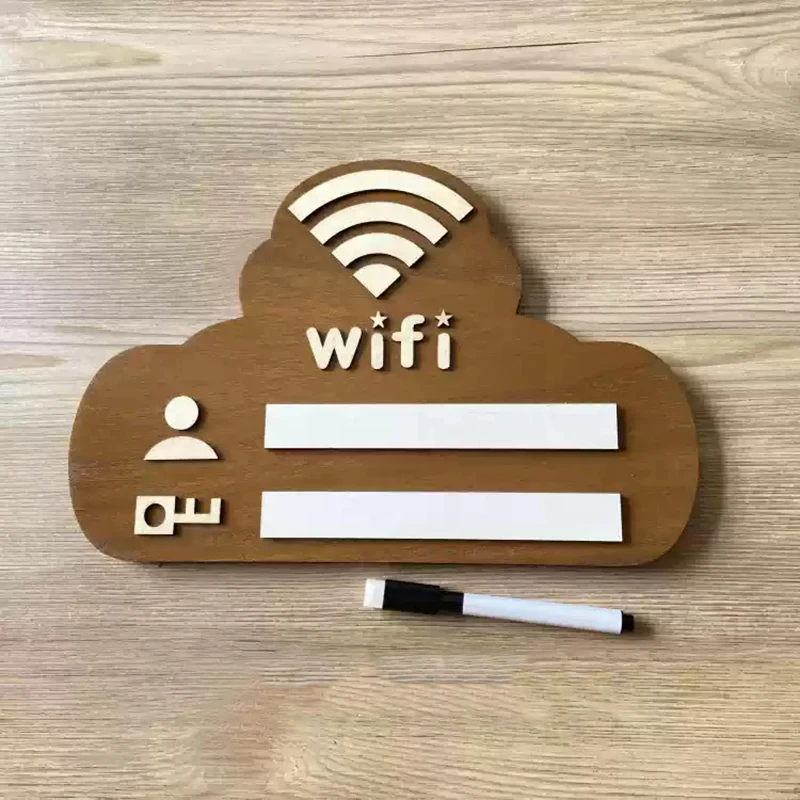 ملصقات حائط خشبية بعلامة WIFI مع قلم تحديد قابل لإعادة الكتابة اليدوية وكلمة مرور قابلة لإعادة الاستخدام لافتات التسوق العامة