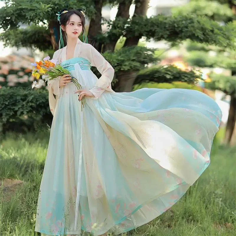 Vestido Hanfu chino para mujer, traje de Cosplay, traje de fiesta de la antigua dinastía Tang, conjuntos de Hanfu verde impreso tradicional de verano XL