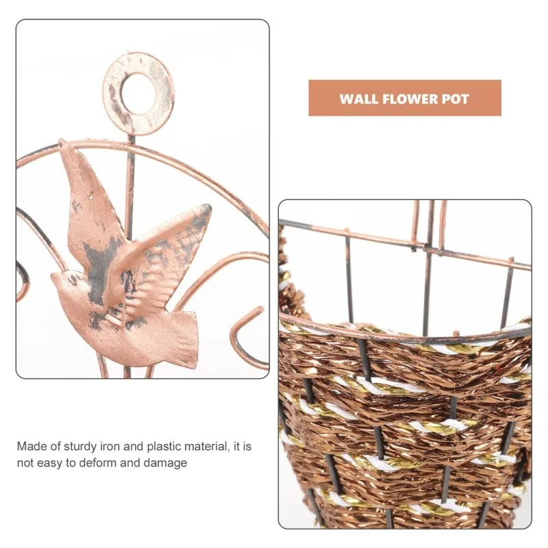 Rattan Cone Shaped Wall Hanging Flower Basket Triangular Iron Planter Indoor Decorative Space Saving Plant Holder