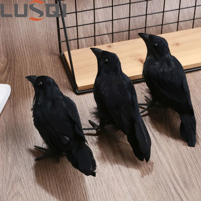 LUSQI Black Velvet Flocking Realistic Crow Decoration Halloween Party Table Prop Gothic Spooky Decoration Ornament