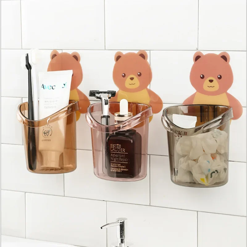 Toothbrush Holder Adorable Bear Hug Storage Cup Wall-mounted Drain Design Easy Organization Toothbrush Cup Bathroom Supplies