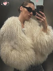 Fashion Solid Color Warm Furry Faux Fur Coat Elegant Long Sleeved Round Neck Women's Jacket 2024 Winter Lady Street Outerwear