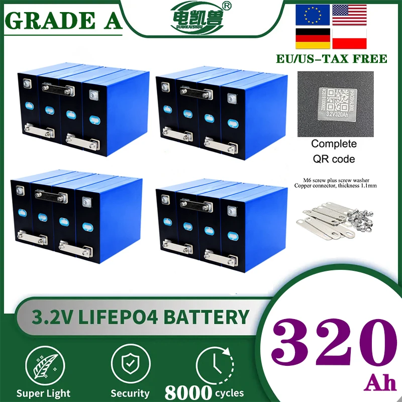 100% New Grade A 320Ah LiFePO4 3.2V rechargeable battery suitable for DIY 12V 24V 48V caravan marine solar energy system no tax