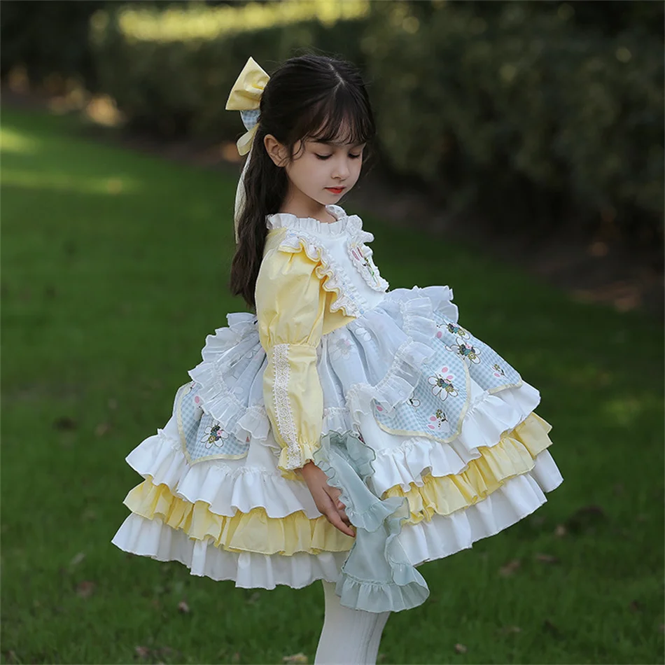 Kids Spring Autumn Lolita Dress Princess Long Sleeves Fancy Luxury Cute Costume Girls Floral Lace Vestido Toddler Birthday Gift