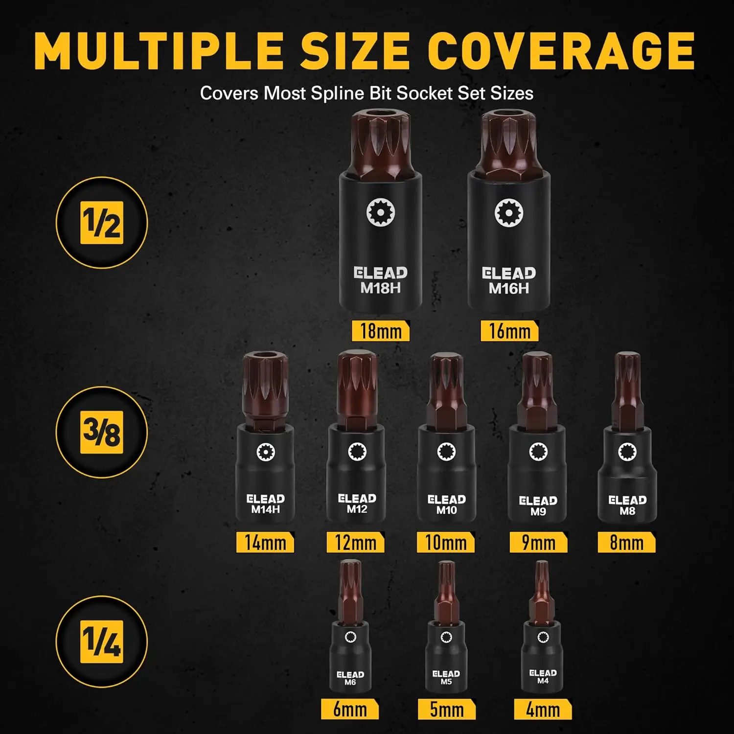 ELEAD 13PC XZN Triple Square Spline Bit Impact Socket Set - Premium S2 Steel European Style M4 - M18 with Socket Adapters