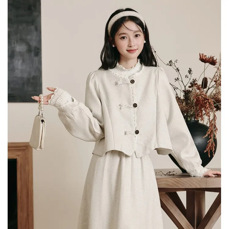 2026 Autumn and Winter New Chinese Retro College Sweet Long Sleeve Undershirt Coat Skirt Three-Piece Set