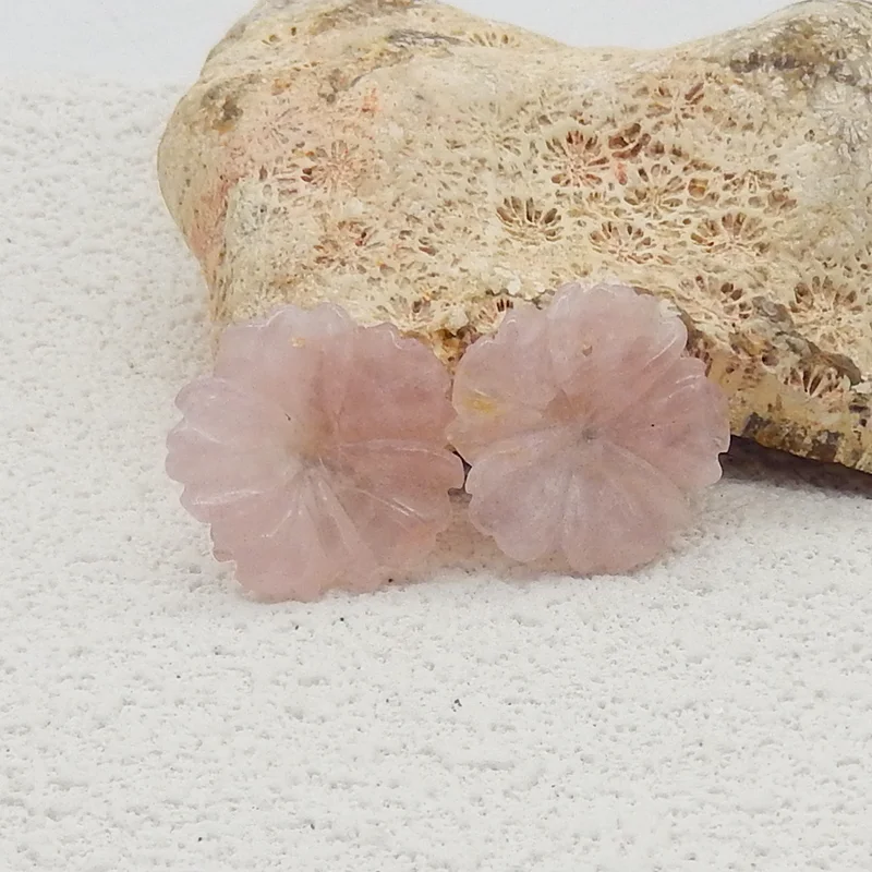 

Natural Rose Quartz Flower Carved Earrings Beads for Jewelry Making, Handmade Natural stones beads 20*3mm 3.6g