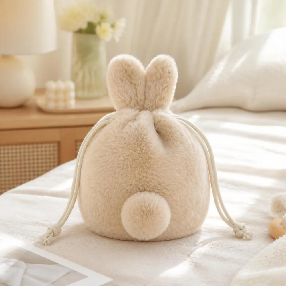 Fluffy Style Drawstring Storage Bag Multi-Functional Cartoon Design Bunny Plush Pouch Large Capacity Tail-Like Tassel