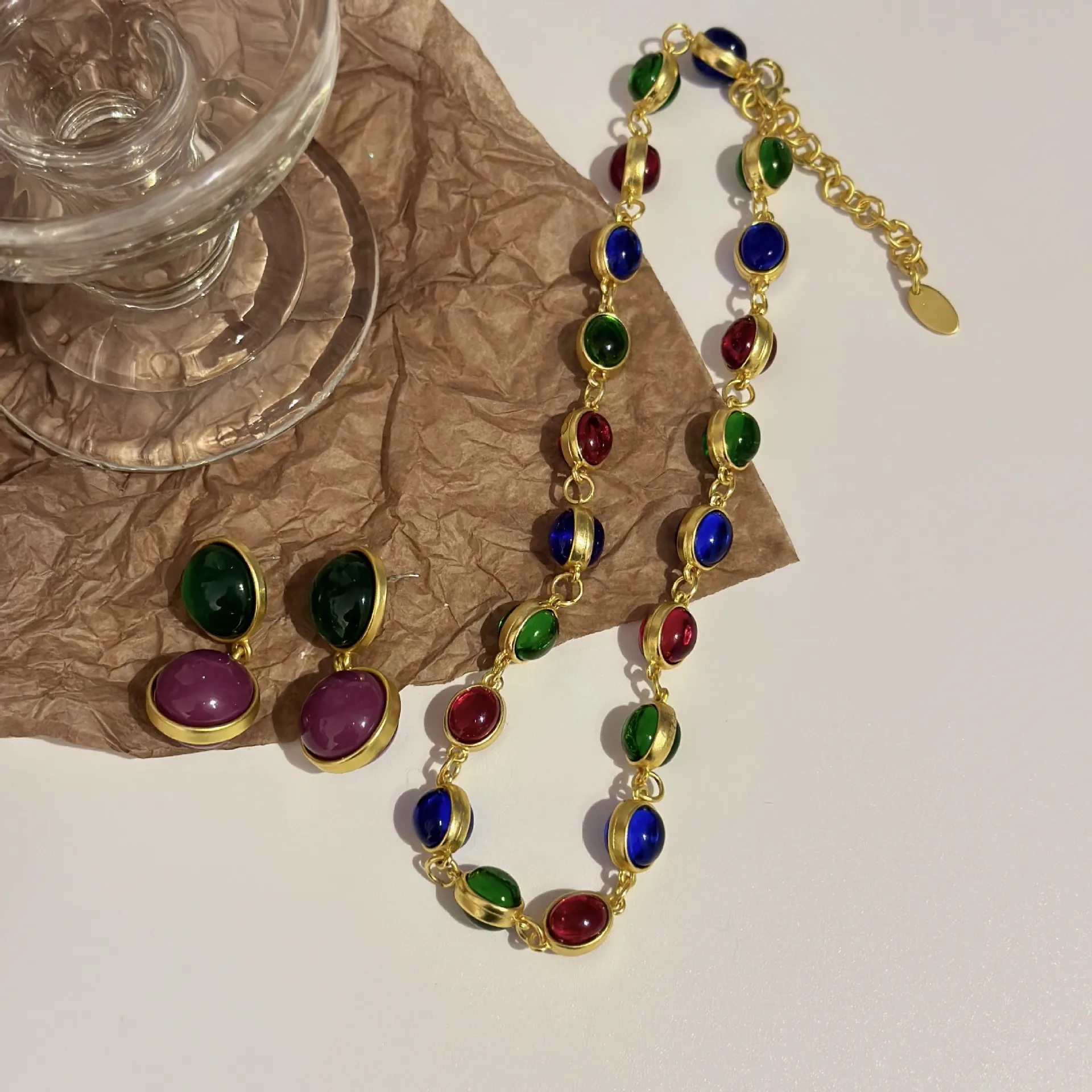 Vintage Court Style Colorful Oval Beaded Diamond Earrings Party Colorful Gemstone Necklace Girls Fashion Party Set Jewelry Gift