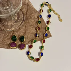 Vintage Court Style Colorful Oval Beaded Diamond Earrings Party Colorful Gemstone Necklace Girls Fashion Party Set Jewelry Gift