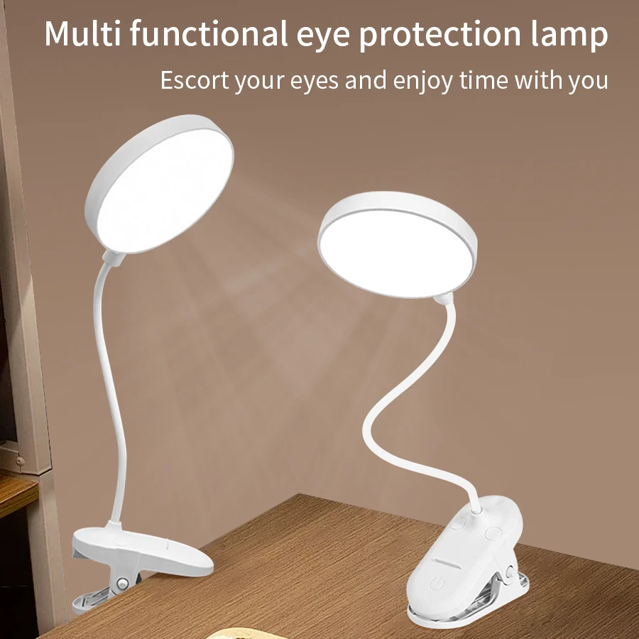 LED Clip Desk Lamp 360° Flexible Touch Dimmable USB Rechargeable Reading Light with Phone Holder Eye Care Study Lamp for Student