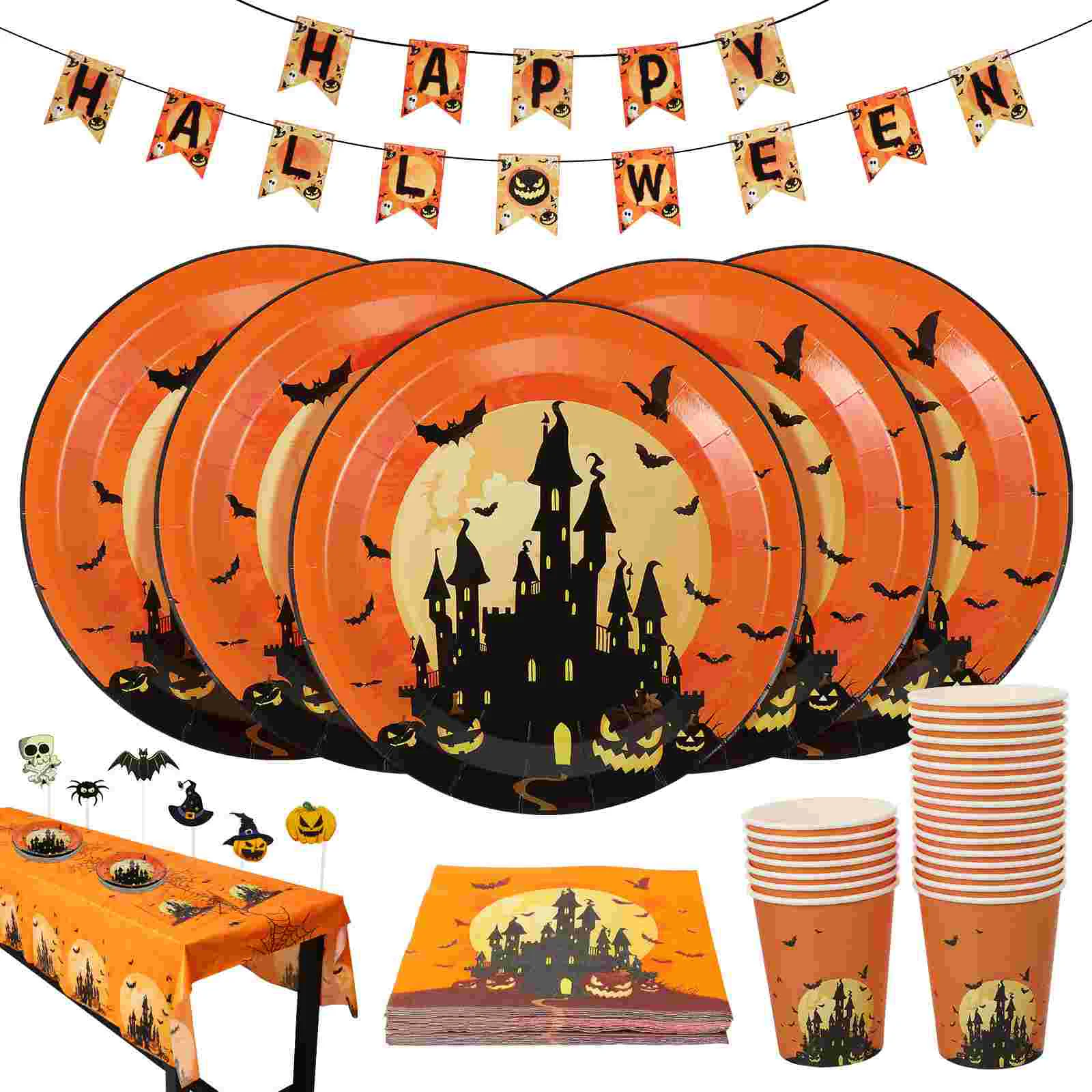 

Halloween Table Decorations Mugs Cup Party Tableware Supplies Cake Toppers Plates and Napkins