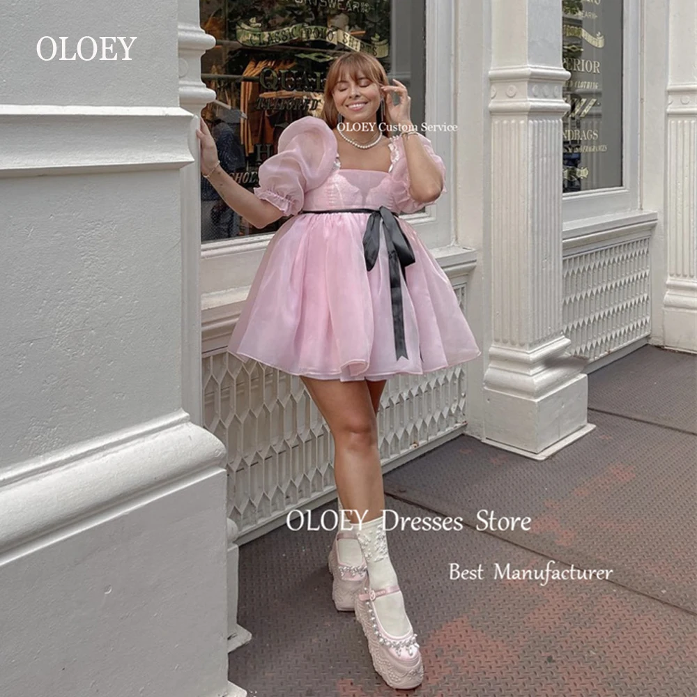 

OLOEY Lovely Short Organza Prom Party Dresses Puff Sleeves Mini Princess Sweet Girls Birthday Formal Dress Cocktail Gowns New