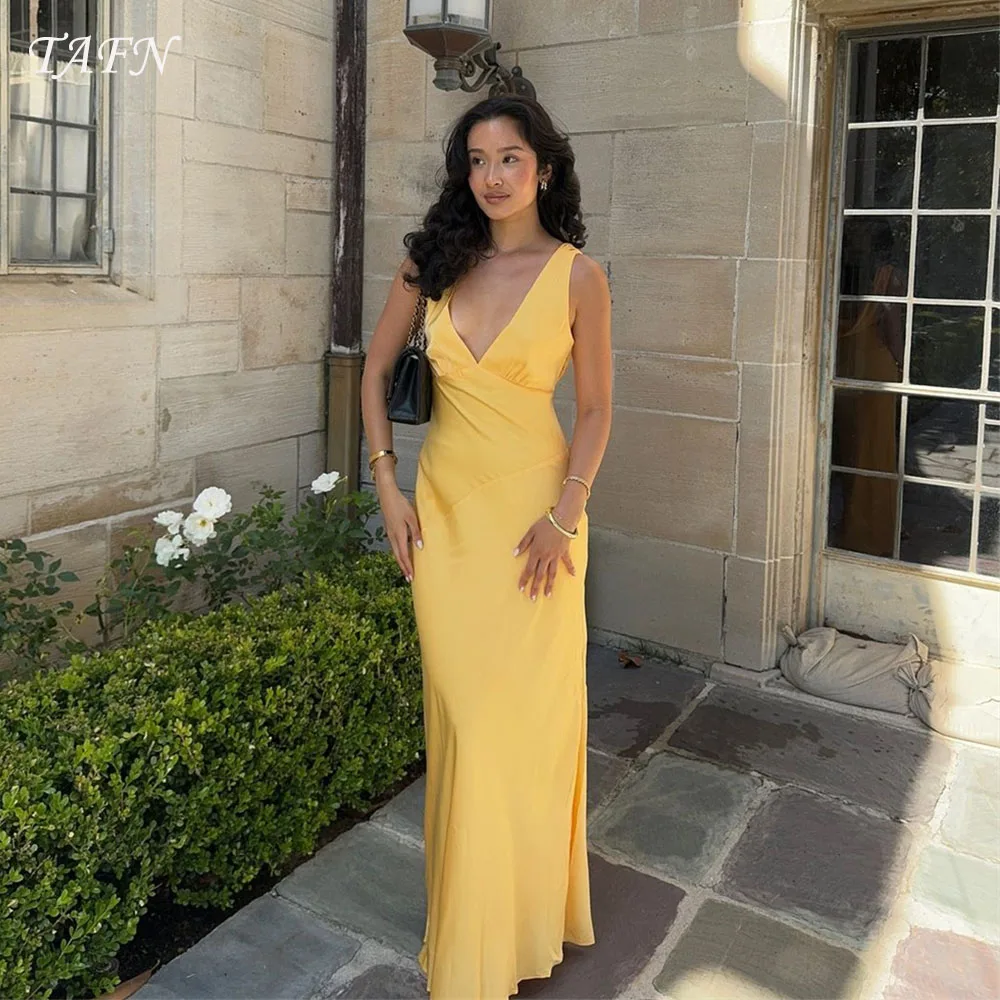 

TAFN Sexy Sleeveless Evening Dresses Bright Yellow Sheath V-Neck Solid Color Prom Party Gown Backless Elegant vestido de noche