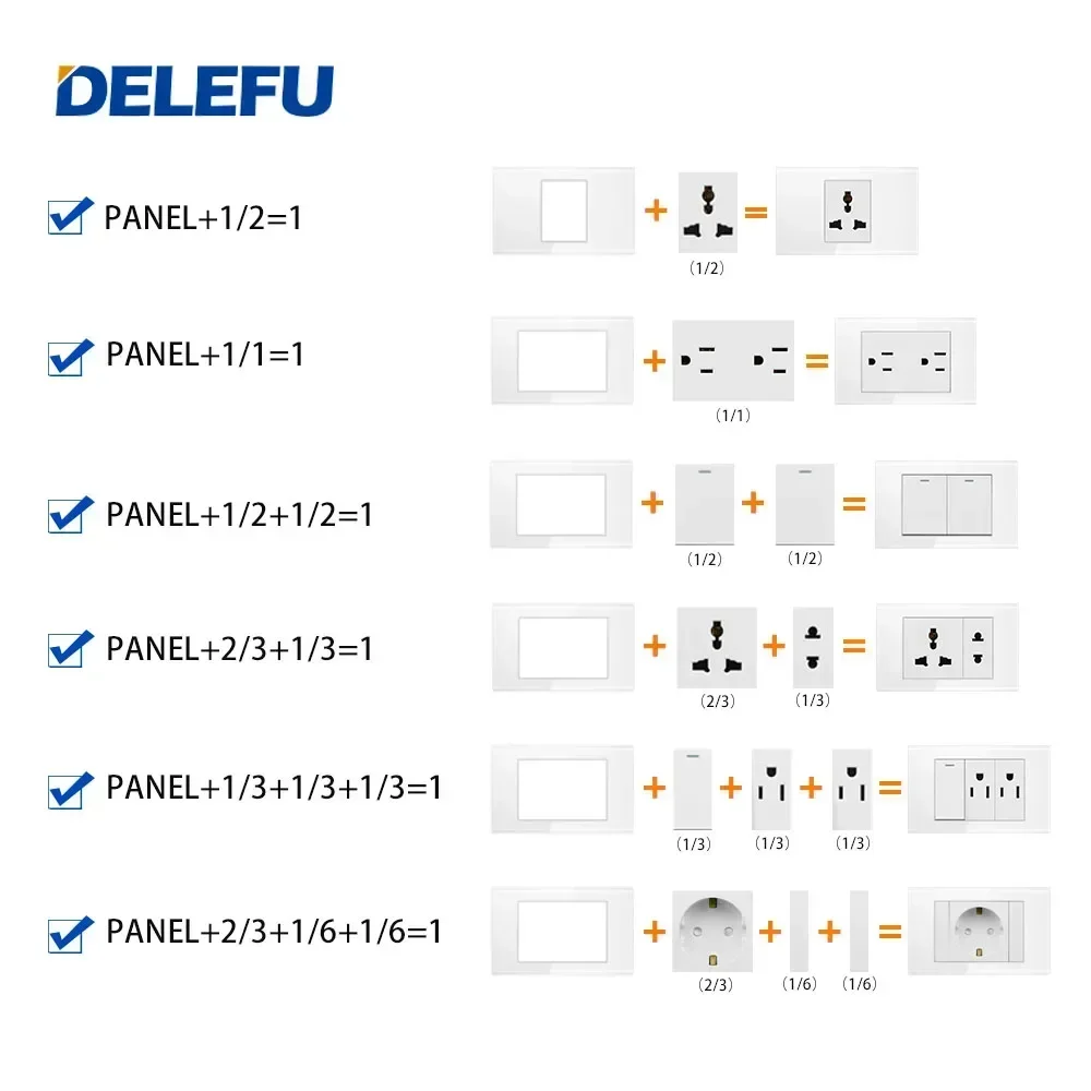 DELEFU Brazylia Włochy Chile Meksyk Standard Bezpłatna funkcja kombinacji Klucz USB typu C DIY Gniazdo przełącznika 4 * 2 Białe 4 * 4 Szybkie ładowanie