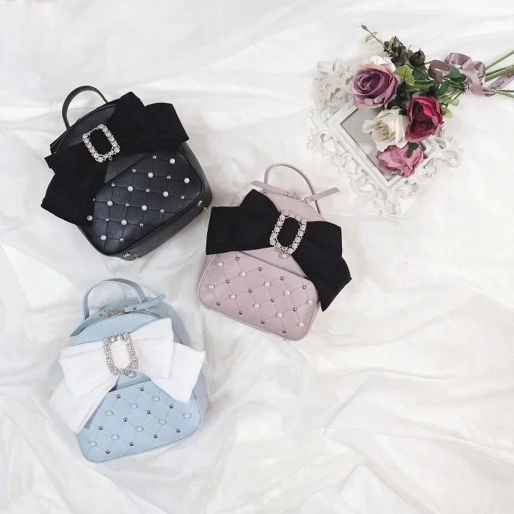 Japanese Rojita Rhinestone Shoulder Bag Student Girls Pearl Bow Mine Mass-Produced Backpack Cute Women's Leather Bags