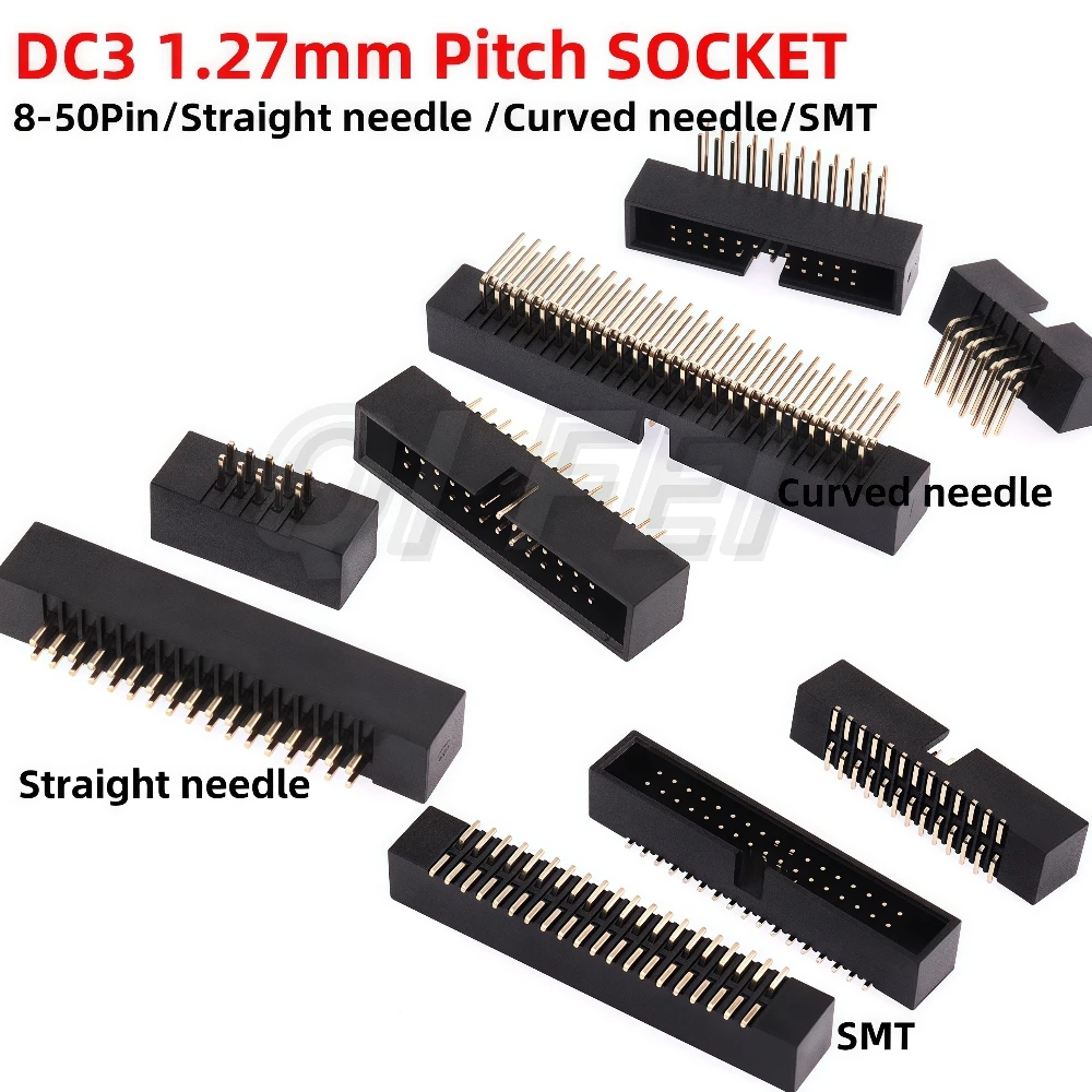 

10PCS DC3 8/10/12/14/16/18/20/26/30/34/40/50P 1.27mm Socket Header Connector Male Double-spaced Straight needle Curved needle