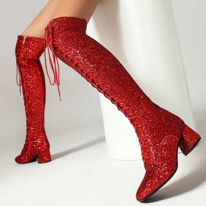 Shiny Bling Bling Glitter Silver Gold Red Lace-up Women Overknees Round Toe Chunky Heels Party Wedding Over-the-knee Long Boots