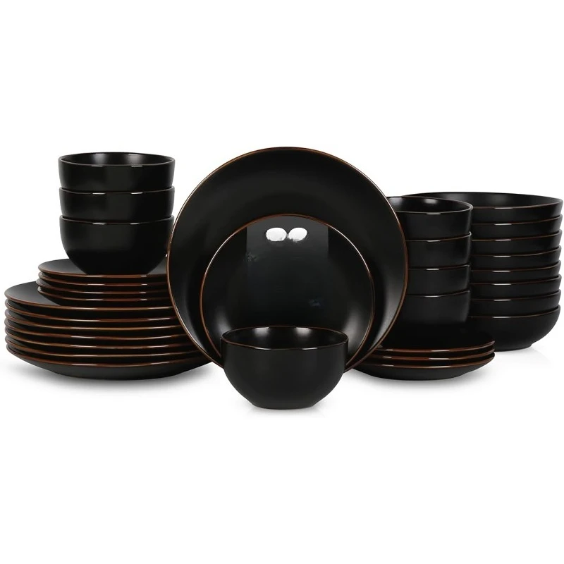 

Stone Lain Brasa Stoneware, наборы посуды, тарелок и мисок из 32 предметов на 8 лет, черный, глянцевый дизайн в деревенском стиле, микроволновая печь и посуда