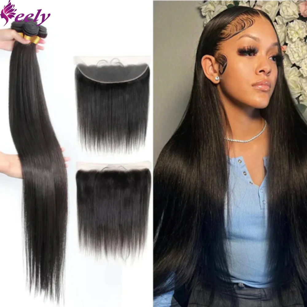 Pacotes de cabelo humano com 13x4 frontal em linha reta pacotes brasileiros com fechamento extensões tecer cabelo humano 3 pacotes preto natural