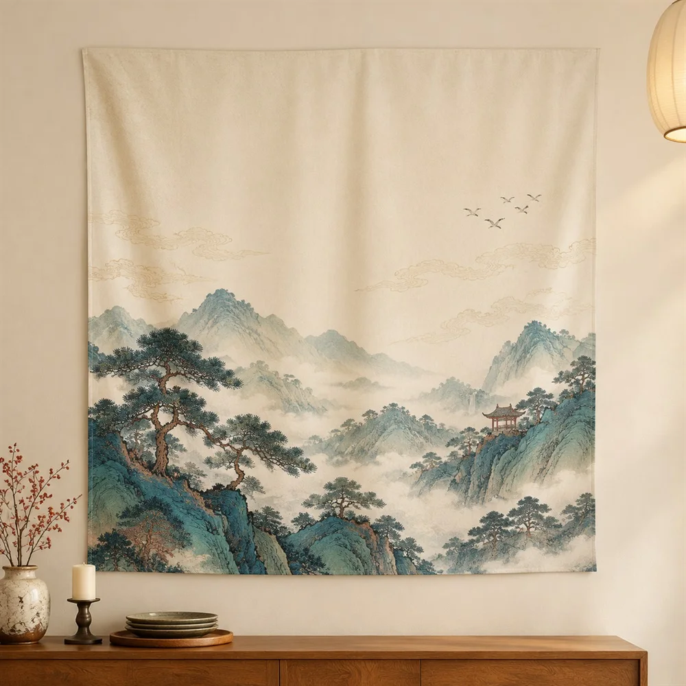 VIKAMA Chinese Blue Green Landscape Layered Bands Tapestry Wall Hanging, Oriental Wall Decor Tapestries for Study Living Room