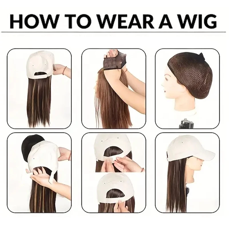 Off white duckbill cap, long straight wig synthetic wig for women easy to wear adjustable size for daily use