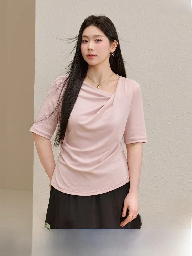 

Элегантный трикотажный топ с асимметричным воротником, модный женский топ больших размеров, приталенный, в корейском стиле, из смеси хлопка, модала и спандекса, летняя новинка