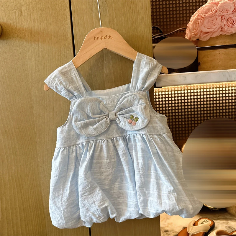 Girls Summer Fashion Set Bow Sleeveless Top And Wide-Leg Pants Two-Piece Outfit for Girls