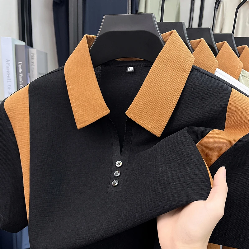 Hochwertiges Marken-Poloshirt aus Seide und Baumwolle mit kurzen Ärmeln bequemes atmungsaktives Herren-T-Shirt Sommer neue Mode Farbblockierung lässiges Oberteil – Detail 5