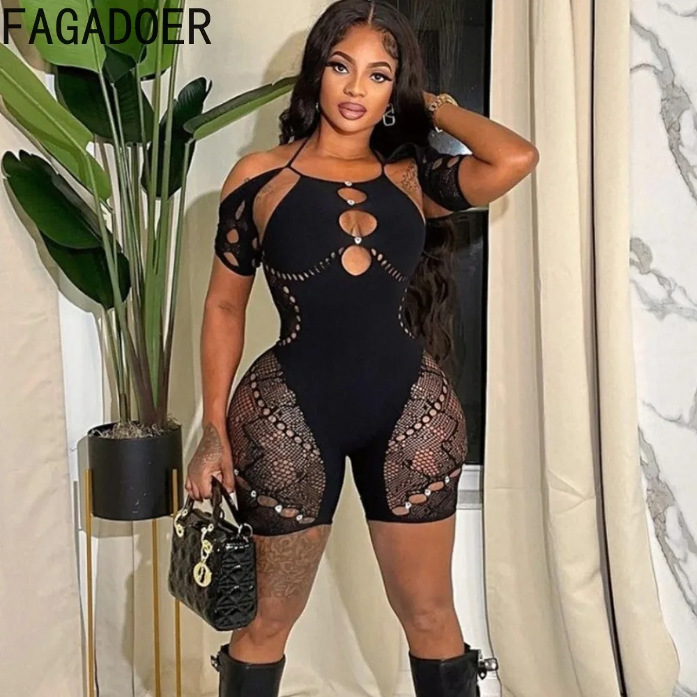 

FAGADOER Sexy Thick Lace Hollow Out Bodycon Rompers Women Round Neck Backless Short Sleeve Jumpsuits Fashion Solid Hole Overalls