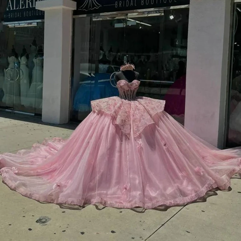 الوردي لامعة الحبيب أكمام كشكش الكرة ثوب Quinceanera شجرة الدانتيل حبة كريستال تول Vetido دي 15 Ano الحلو 16 #3