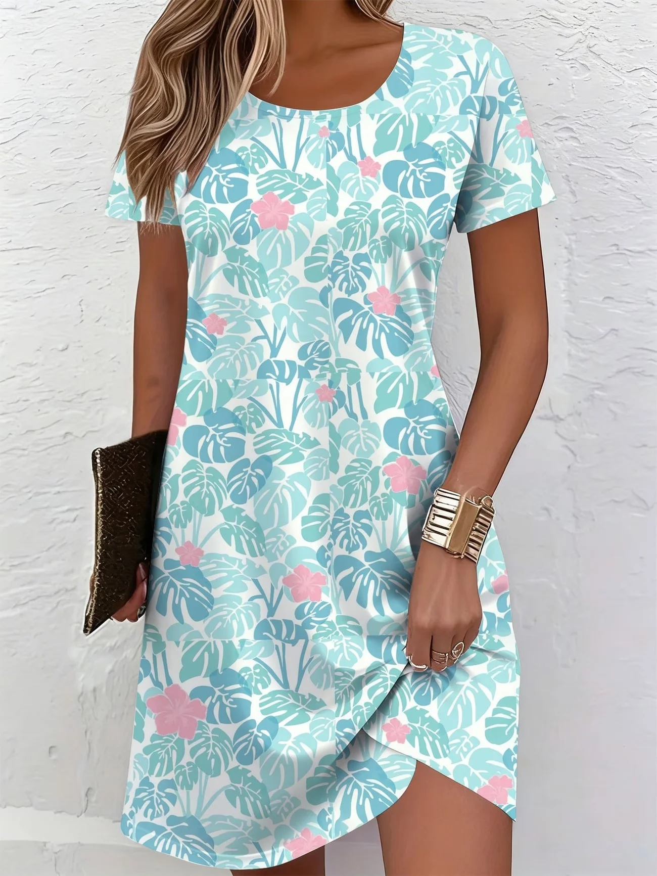 Summer women's short sleeve dress Indigo-dyed floral print pattern Women Sundress Boho Style Loose Casual Mini Dress
