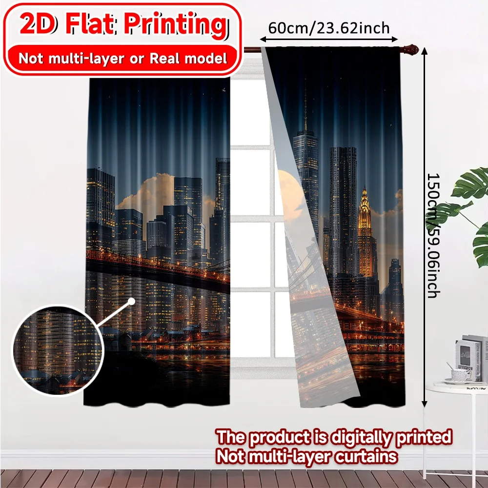 2D FLAT PRINTING 2pcs Curtains (Without Rod) Night City Skyline View Holiday April Fools is Day Printed Curtains Machine