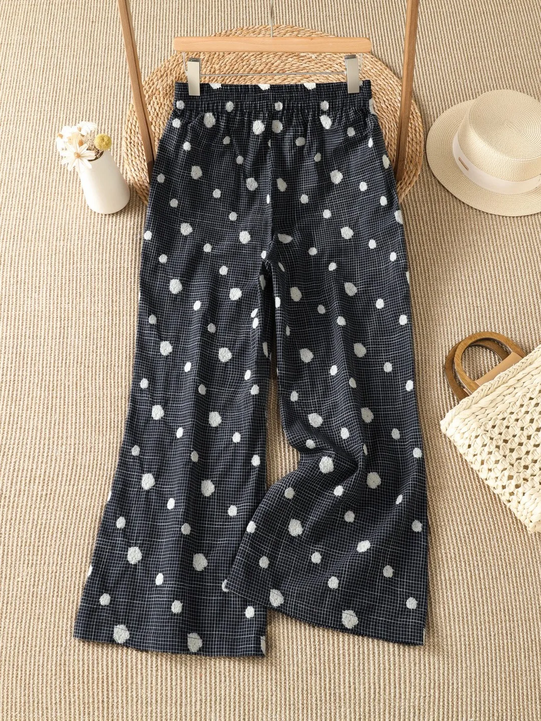 Casual Cotton Linen Wide Leg Pants Women Summer Thin Loose Slimming Straight Nine Points Pants Fashionable All-Match Embroide...