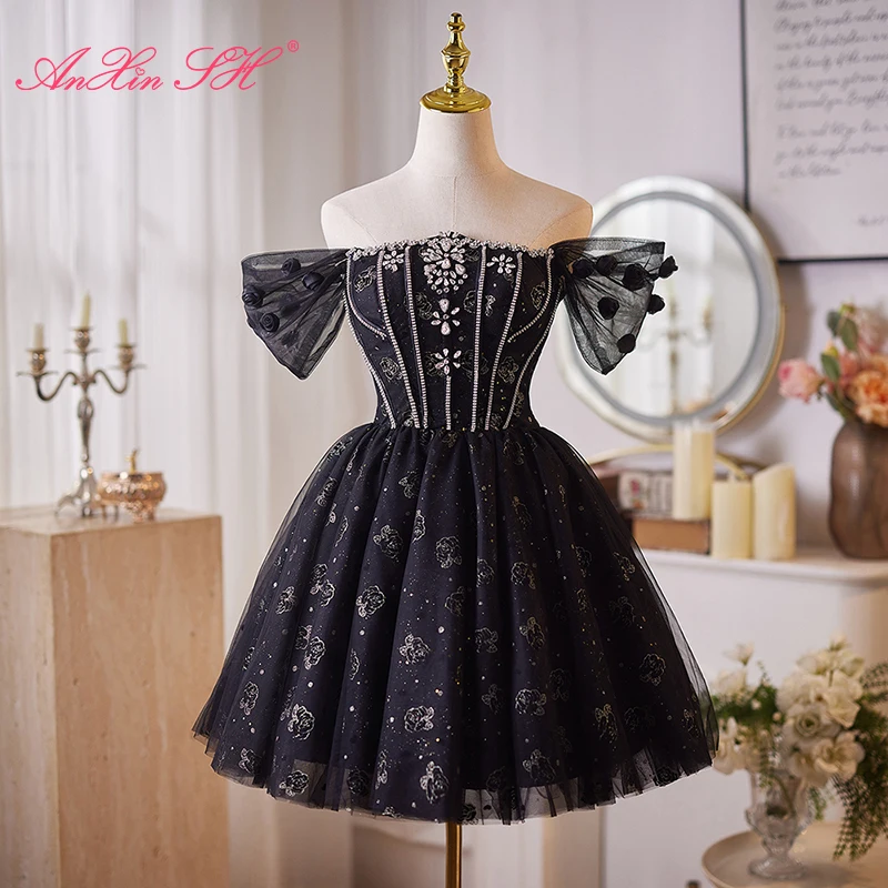 AnXin SH princesa flor negra encaje cuello barco rebordear cristal encaje hasta fiesta corto vestido de noche personalizado pequeño vestido negro
