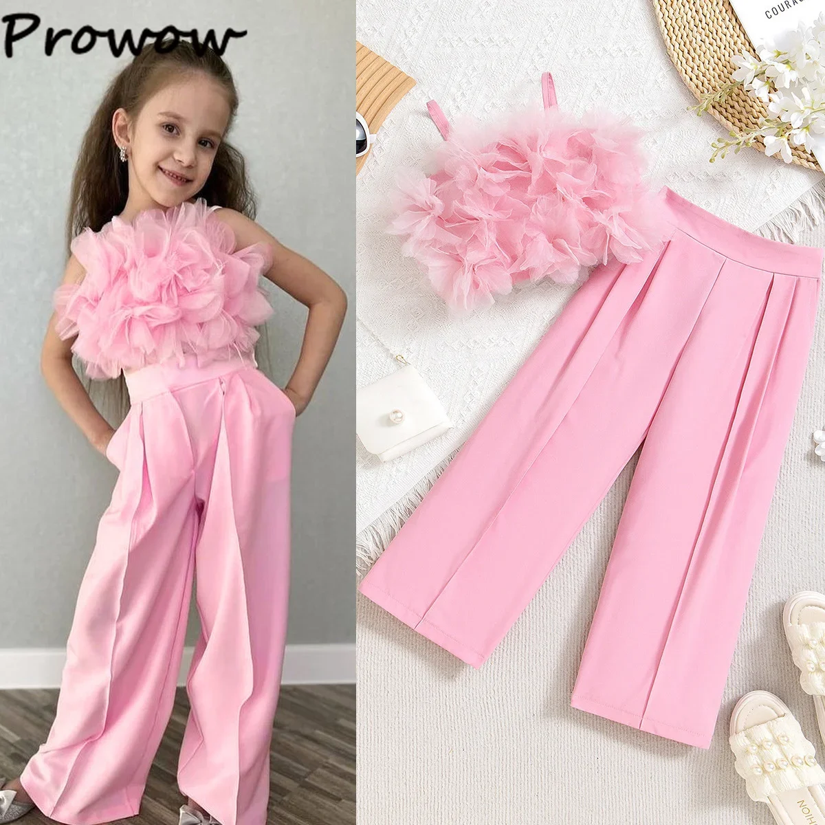 

Prowow Girls Blazer Outfits Sleeveless Princess Mesh Top and Blazer Pants 2pcs Fashionable Summer Elegant Suit For Children