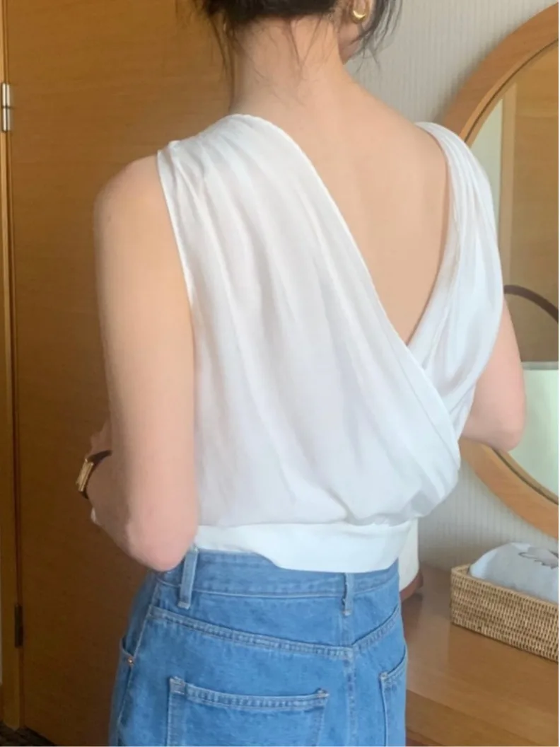 Ele Bal V-Ne Pleated Loose Svel Vest irt Chic Summer Cross Design Breathable Comfortable Women's Top
