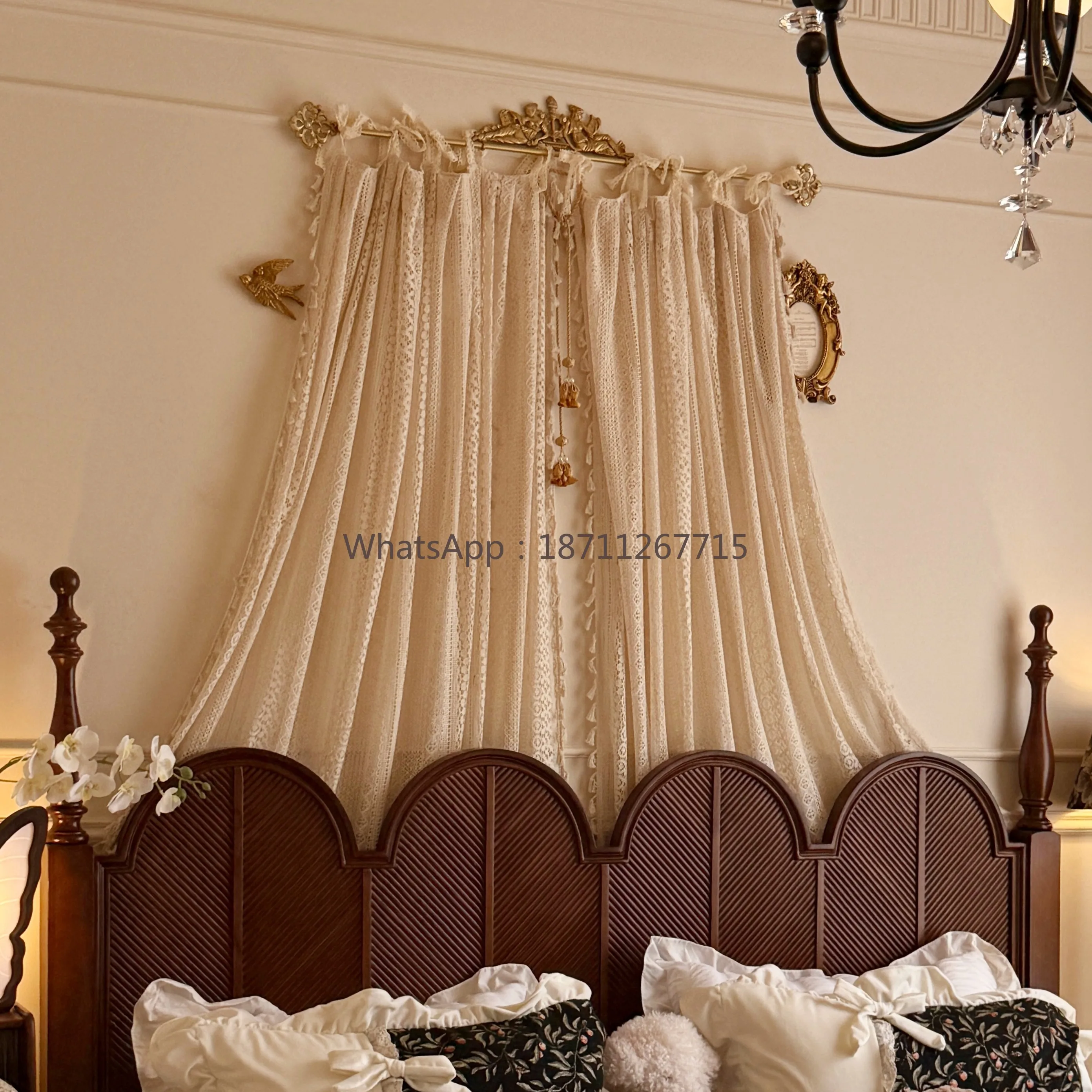 Original brass bed canopy frame bedside curtain french door curtain lace tassel lazy home decor bedroom