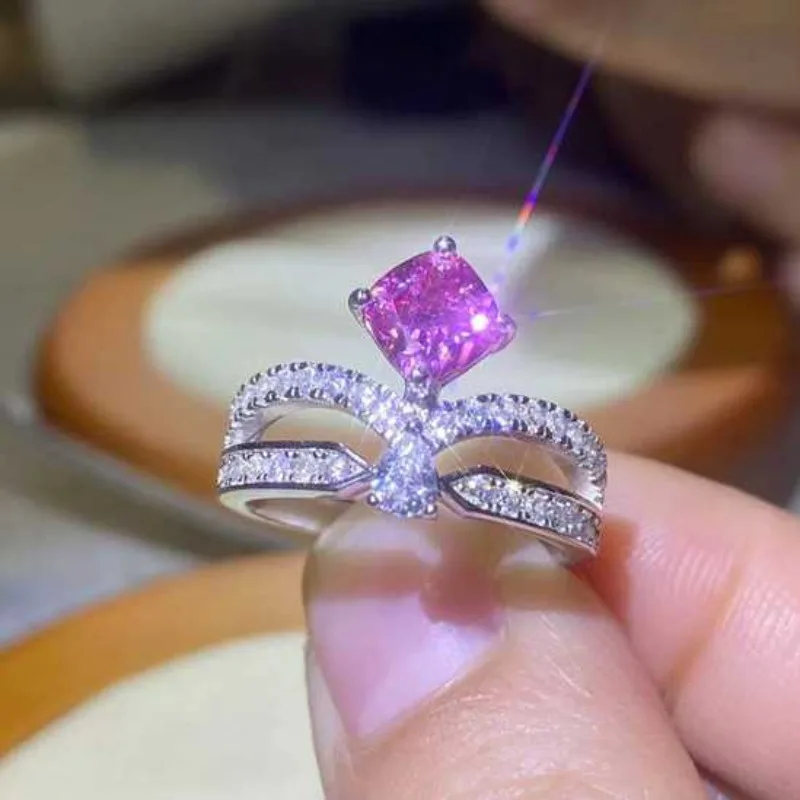 خاتم مويسانيتي من SACE مصنوع من الأحجار الكريمة للنساء ، S925 مطلي بالفضة الإسترليني ، 18k ذهبي أبيض ، مجوهرات زفاف ، 1ct وردي