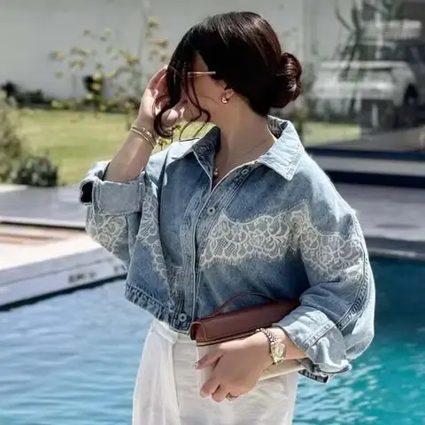 YENKYE New 2026 Women's Light Blue Lace Patchwork Cropped Denim Jacket Front Button Long Sleeve Loose Coat Streetwear